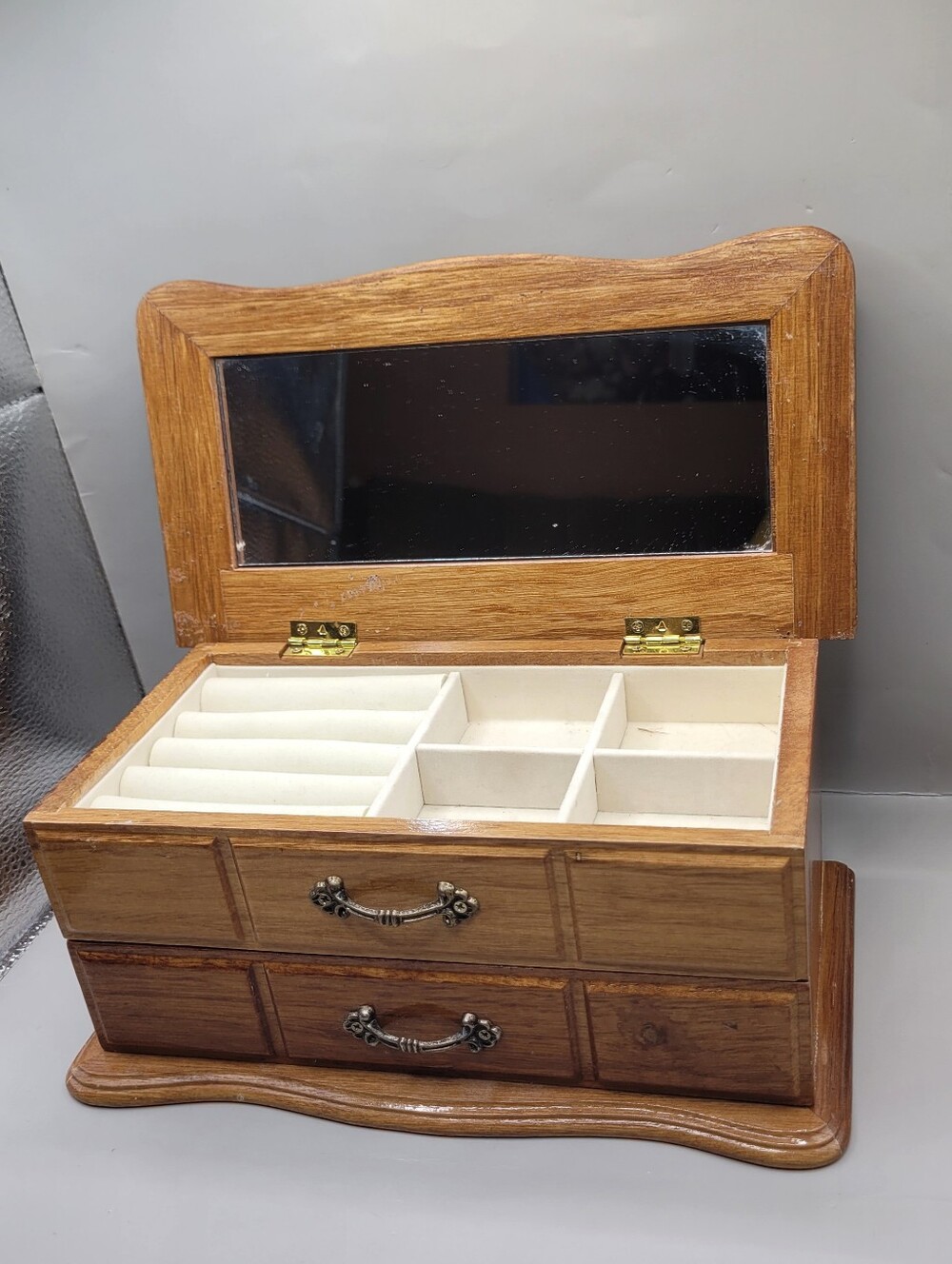 Vintage Wood Jewelry Box Dresser Top Chest Mirror Ring Rolls Drawer 10x5.5x4.75